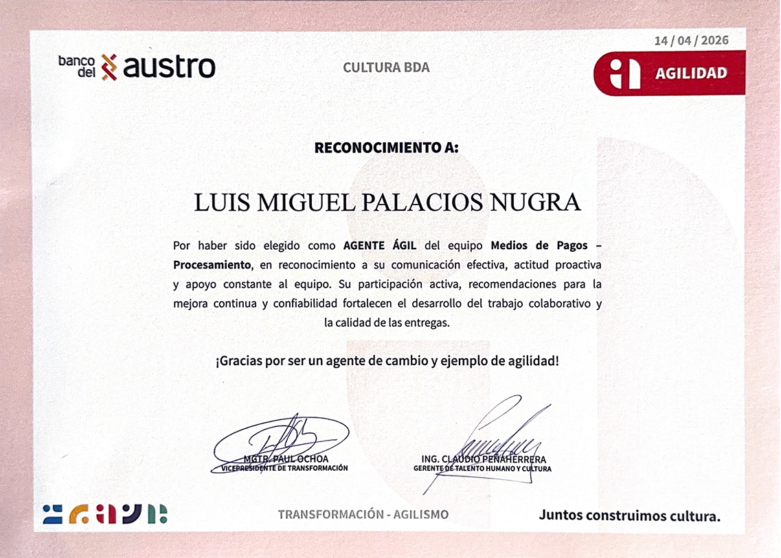 Reconocimiento: Agente ágil del equipo Medios de Pago - Procesamiento